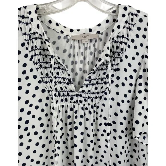 Polka Dot Blouse By Loft Size M Short Sleeve Smocked White/Black - Picture 3 of 8